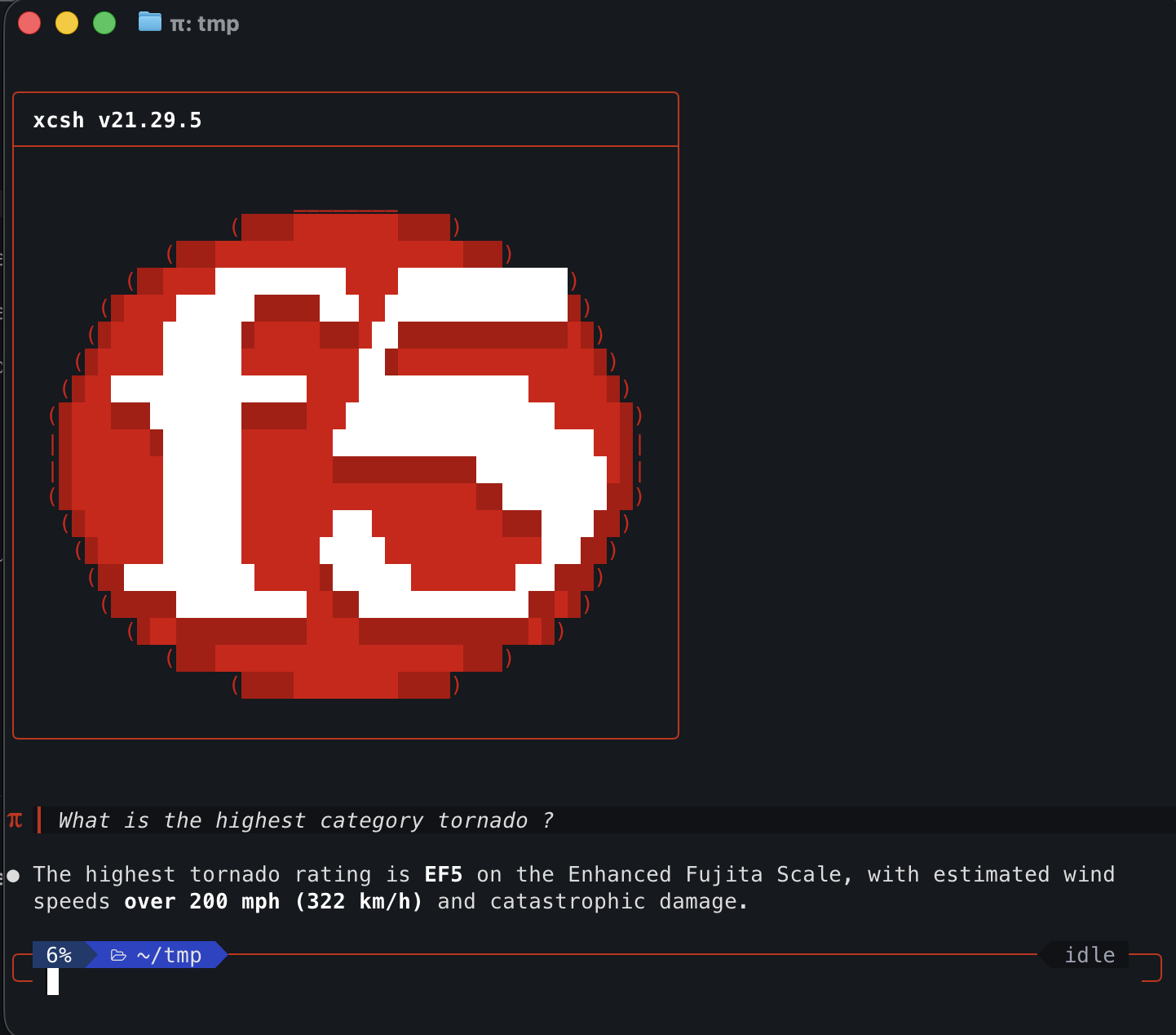 xcsh running in a Ghostty terminal with the model selector, prompt, and session status visible.